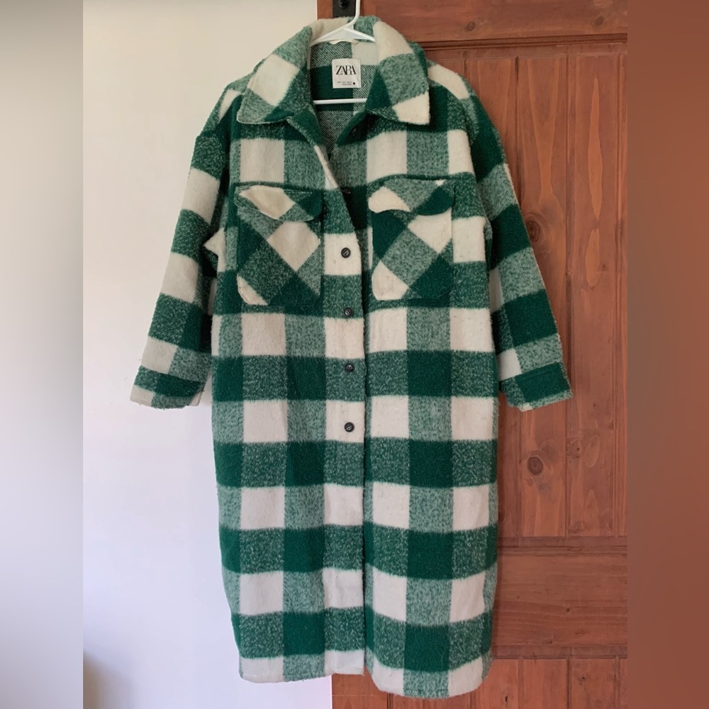 Zara wool blend green white checkered coat